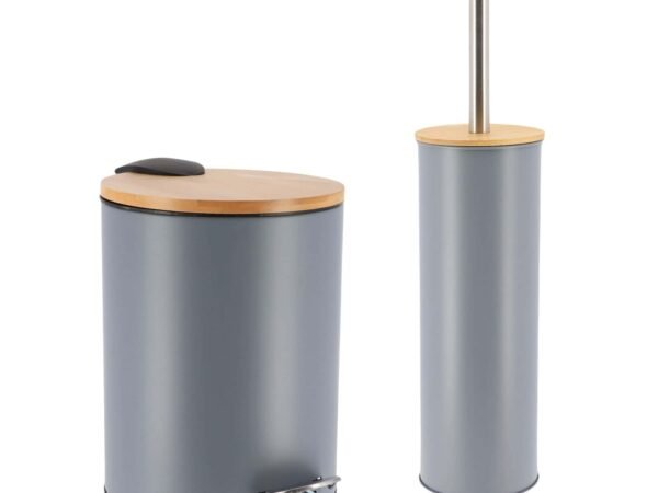 Gray bathroom set with trash bin featuring bamboo lid and matching toilet brush holder with stainless steel handle
