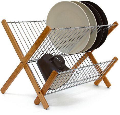 Relaxdays CROSS Bamboo And Chromed Steel Draining Rack: 27 x 38 x 29 cm Drying Rack Folding Dish Drainer For Plates, Cups, Glasses, Natural