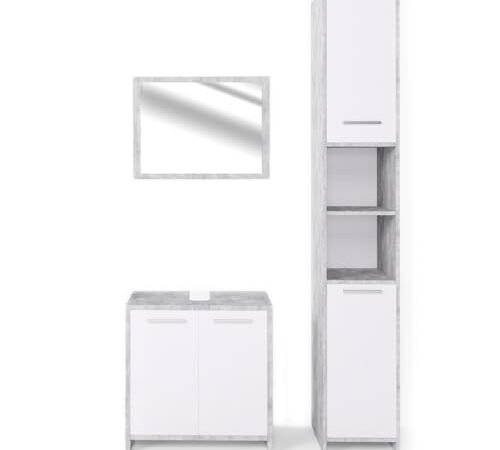 Vicco Kiko Bathroom Furniture Set, White High-Gloss/Grey Concrete – Bathroom Mirror with Under Cabinet, Bathroom Tall Cabinet, Bathroom Midi Cabinet