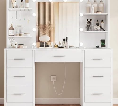 TEENFON Large Dressing Table with Mirror Lighting, Dressing Table with Adjustable LED Light and Socket, Dressing Table with 7 Drawers, 4 Open Shelves and 5 Jewelry Hooks for Bedroom, White