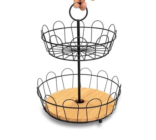 2-Tier Farmhouse Fruit Basket Stand, Wire Fruit Vegetables Countertop Storage Rack, Multifunctional Detachable Bread Snack Holder Bowl for Kitchen and Bathroom Organization - Black