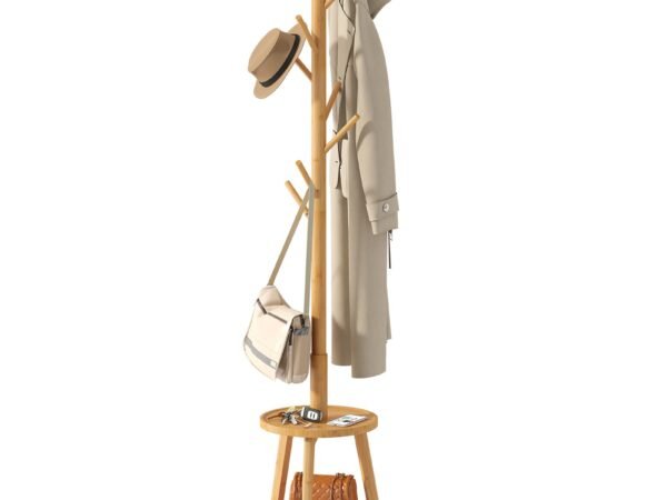 BMOSU Coat Rack freestanding Stand with 2 Shelves Bamboo Wooden Coat Tree Easy Assembly 8 Hooks Standing Jackets Hanger Ha...