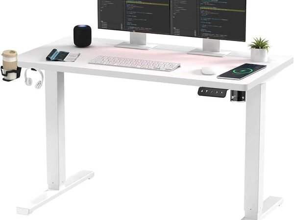 SANODESK QS1+140 * 60 Electric Standing Desk Height Adjustable Standing Desk With Memory Smart Panel Sit Stand Table With Hooks and Cupholder for Home Office （Black Frame+ Black Desktop）