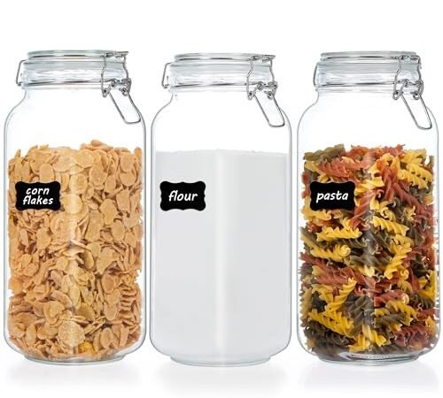 Vtopmart 78oz Glass Food Storage Jars with Airtight Clamp Lids, 3 Pack Large Kitchen Canisters for Flour, Cereal, Coffee, Pasta and Canning, Square Mason Jar with 8 Chalkboard Labels