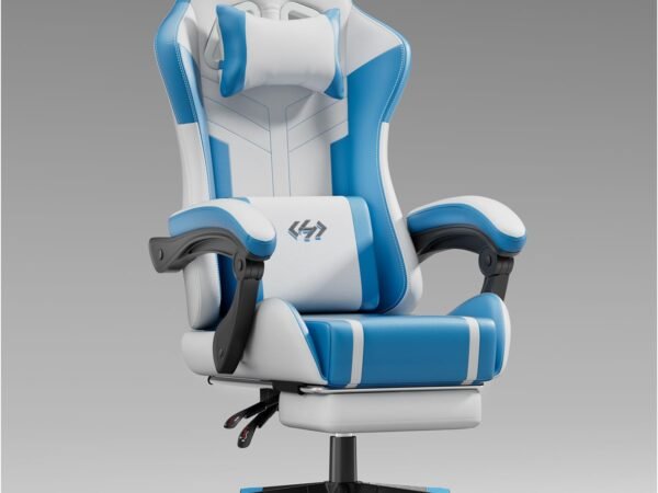 HLDIRECT Gaming Chair with Pocket Spring Cushion, Video Game Chair, Gaming Computer Chair, Ergonomic Chairs for Adults with Headrest and Lumbar Support, Swivel PU Leather Office Chair, White & Blue