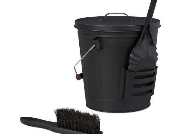 Relaxdays Ash Bucket with Lid and Sweeping Set, vol. 19 L, incl. Broom & Fireplace Shovel, HWD: 36 x 35.5 x 33 cm, Black, Steel