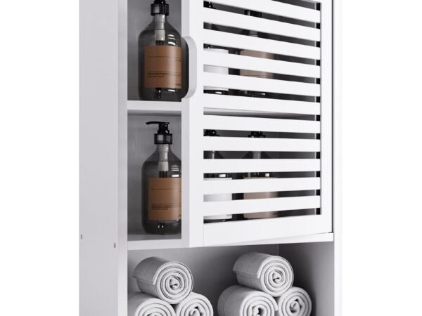 HITNET White Bathroom Wall Cabinet, Bamboo Medicine Cabinet, Single Door Hanging Storage Cupboard with Adjustable Shelf
