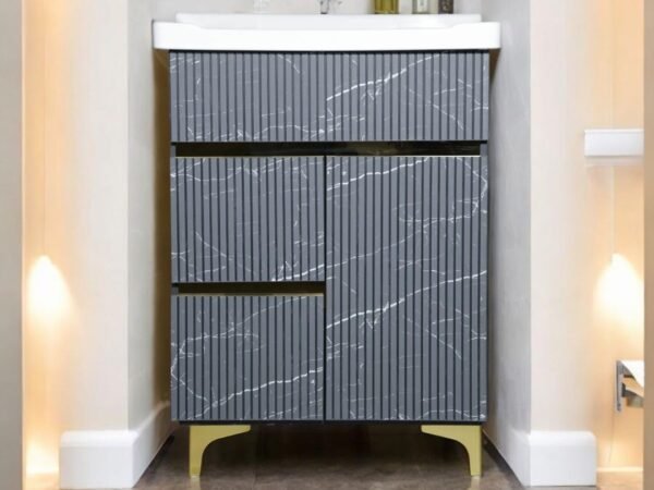 Premium HDHMR Plywood Vanity with Wash Basin | Water & Termite Resistance | Grey & Gold Color Cabinet for Bathroom, (Size-...
