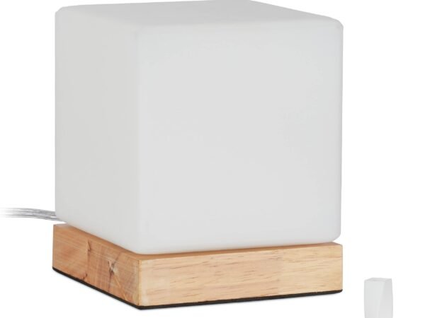 Relaxdays 10027473_615 Table Lamp for Living Room and Bedroom, Wood and Opal Glass, E14, Night Light, Cube, Nature, White-Brown, 15 x 12 x 12 cm