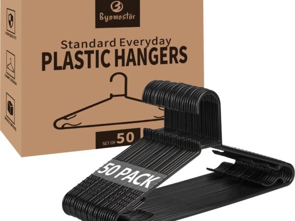 Byomostor Black Plastic Hangers 50 Pack, Light Weight Durable Clothes Hangers G-Shape Standard Size Non-Slip Coat Hanger A...