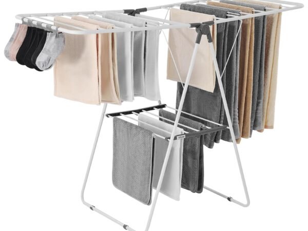 VEVOR Clothes Drying Rack, 2-Tier Foldable Laundry Dryer Rack with Sock Clips & 21 Drying Rods, Metal Height Adjustable Dr...