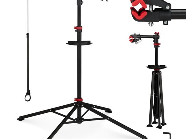 Relaxdays 10017183 Bicycle Workshop Stand, Tripod Mount Bike, Repairs, Foldable, Height Adjustable, Steel, Black