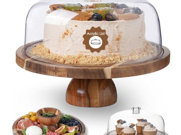 Kanwone Acacia Wood Cake Stand with Acrylic Lid - 12in Cake Plate, Multi-Functional Dessert Table Display Set, Charcuterie...