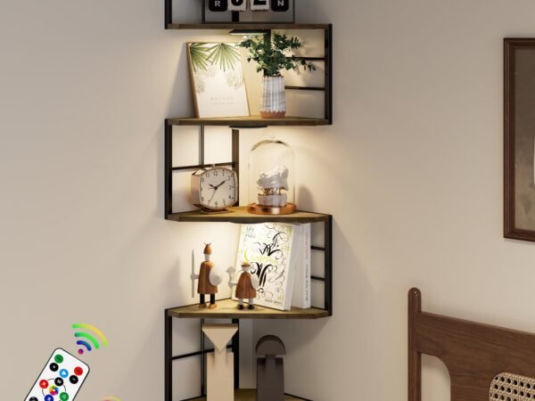 WFSRESTD Floating Corner Shelves with Light - 5 Tiers Metal Corner Shelf Wall Mounted for Bedroom Living Room Office Kitch...