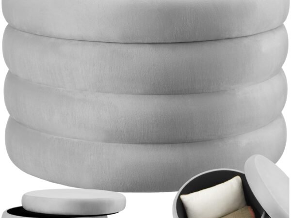 tectake® Scandi Stool with Storage Space, XL Velvet Fabric, Pouf, Round Upholstered Stool for Dressing Table, Living Room ...