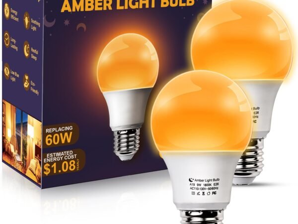 DALUXshop Amber Sleep Light Bulbs, Blue Light Blocking, A19 9W(60 Watt Equivalent) Dim Light Bulbs for Lamp, 1800K Warm Li...