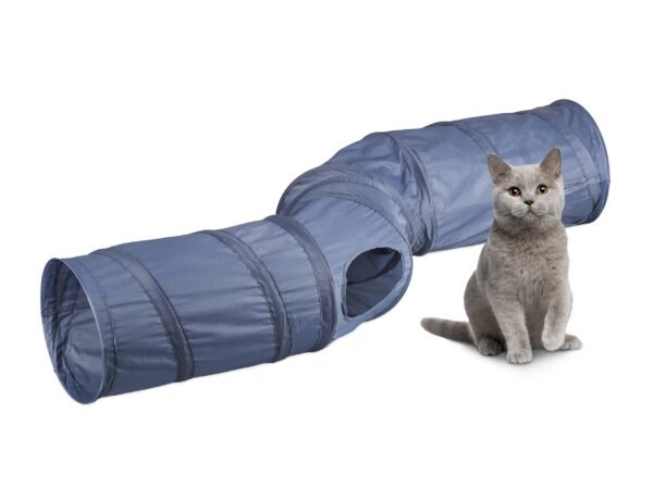 Relaxdays Cat Tunnel, Foldable Cat Tube, S Shape, HBD: 25 x 131.5 x 35 cm, Play Tunnel, 4 Outputs, Polyester, Grey