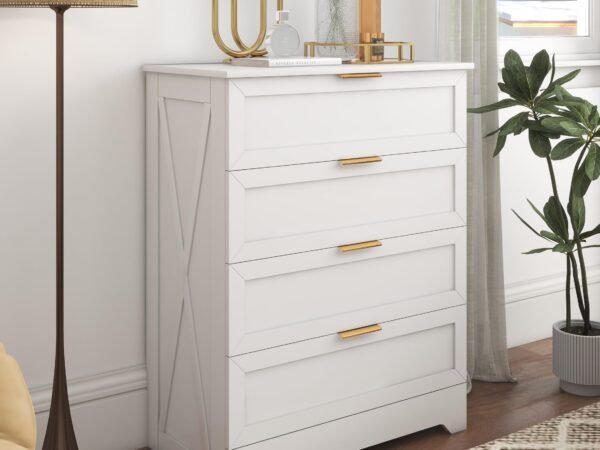 White 4 Drawer Dresser for Bedroom, Tall Bedroom Dresser with Large Drawer & Golden Handles, Wooden Storage Organizer Cabi...