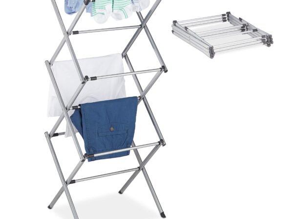 Relaxdays Laundry Stand, Foldable & Extendable Tower, 11 Rails, Space-saving Clothes Drying Rack, Metal, Grey, Iron, Pack of 1