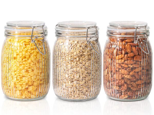 ComSaf Clip Top Glass Jar 1000ml Set of 3, Airtight Glass Storage Jars with Lids, Kitchen Storage Container Round Preservi...