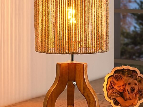 EDISHINE Small Table Lamp, Wood Rattan Nightstand Lamp with ON-Off Switch,E26 Base, Bedside Lamp for Living Room, Bedroom,...