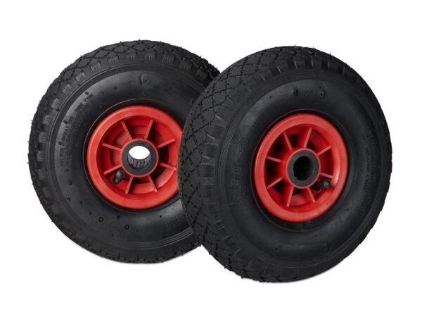 Relaxdays Hand Truck Wheels Set of 2, 3.00-4, Pneumatic Spare Tyres with Plastic Rims, 260x85 mm, Ø 26mm Axis, Black-Red