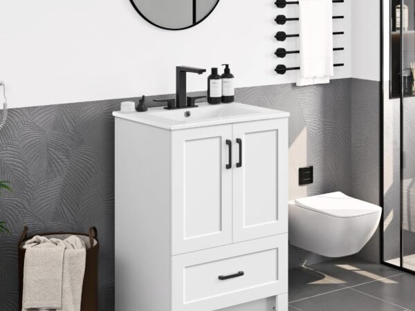 Yaheetech 24.5" Modern Bathroom Vanity with Ceramic Basin, Undermount Vanity Sink Cabinet with 2 Doors and 1 Drawer, Free ...