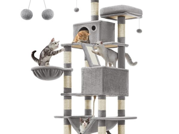 Feandrea Scratching Post for Large Cats, Tree for Large Cats, Height 168 cm with 13 Poles, 2 Platforms, 2 Caves, Basket, Hammock, Pompom, Multi-Level, Light Grey PCT165W01