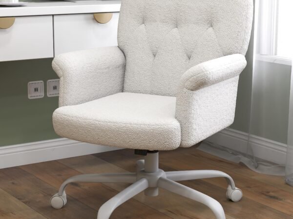 ZZH Comfy Home Office Desk Chair, Upholstered Fuzzy Vanity Chair with Wheels and Arms, Modern Adjustable Swivel Computer S...
