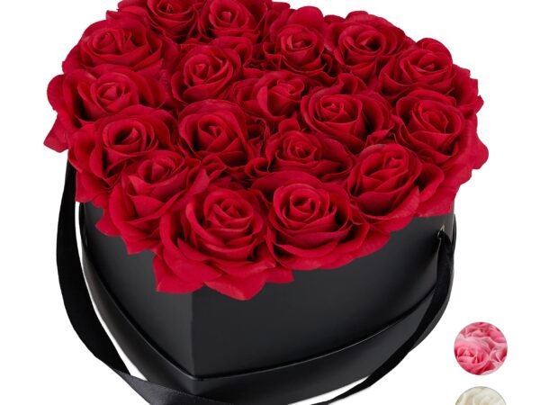 Relaxdays Heart Flower Box, 18 Faux Roses, Black Box, Last 10 Years, Great Gift, Decorative Bouquet, Red