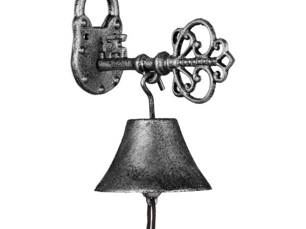 Relaxdays Cast Iron Door Bell, Antique Design, Hanging Doorbell with Key, for Outdoors, with Rope, Wall Mounted, Silver