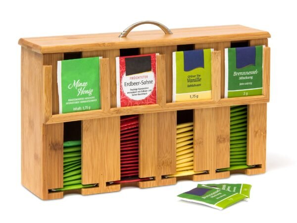 Relaxdays 10019149 Bamboo Tea Bag Box Storage Box 4 Compartments Rectangular Deco H x W x D: 22 x 33.5 x 10 cm with Handle Storage Holder Natural Colour