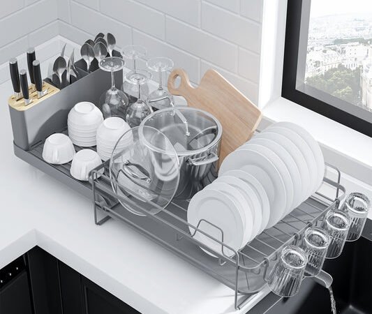 Kitsure Large Dish Drying Rack - Extendable Dish Rack, Multifunctional Dish Rack for Kitchen Counter, Anti-Rust Dish Drainers with Cutlery & Cup Holders 19.2"-26.7" L x 12.9" W, Grey
