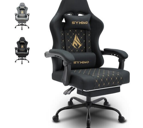 (Black) symino FZ gaming chair racing style, ergonomic with footrest, adjustable backrest and armrests, PU leather office chair, load capacity 200 kg