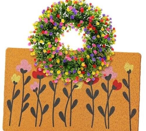 Floral Coir Doormat and Spring Wreath Set Flower Welcome Door Mat for Front - Picture 1 of 7