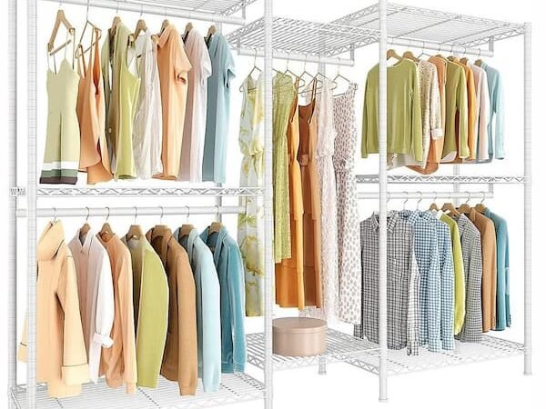 White Metal Garment Clothes Rack with Shelves 74.8 in. W x 76.8 in. H
