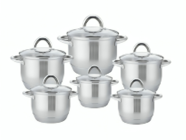 12 dalių nerūdijančio plieno puodų rinkinys su stikliniais dangčiais