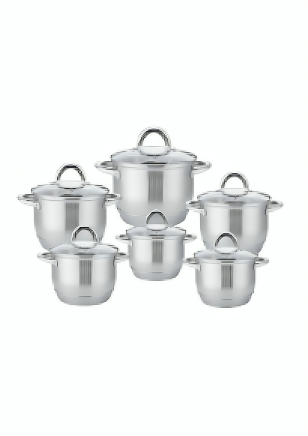 12 dalių nerūdijančio plieno puodų rinkinys su stikliniais dangčiais