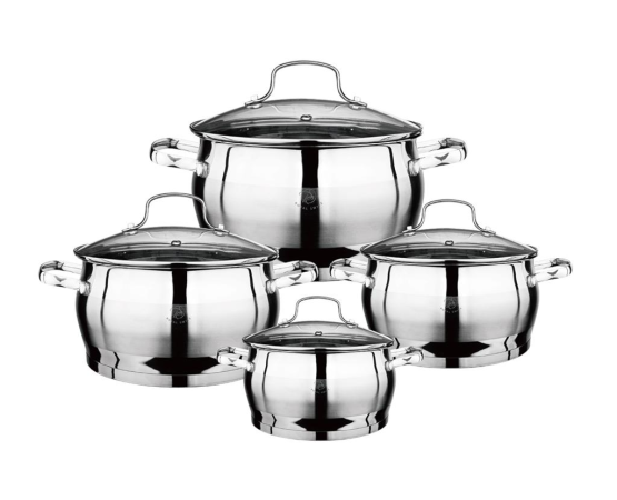 8 dalių obuolio formos nerūdijančio plieno puodų rinkinys su stikliniais dangčiais