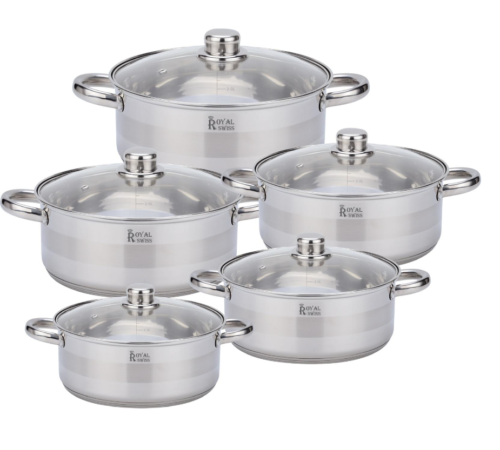 10 dalių nerūdijančio plieno puodų rinkinys su stikliniais dangčiais