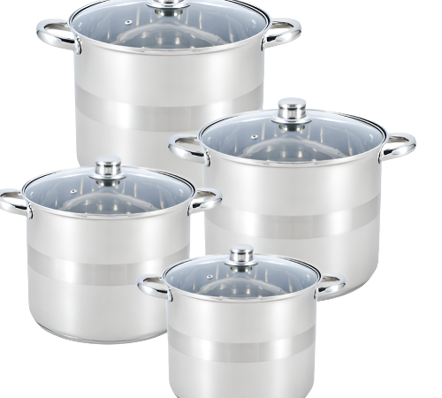 8 dalių nerūdijančio plieno puodų rinkinys su grūdinto stiklo dangčiais