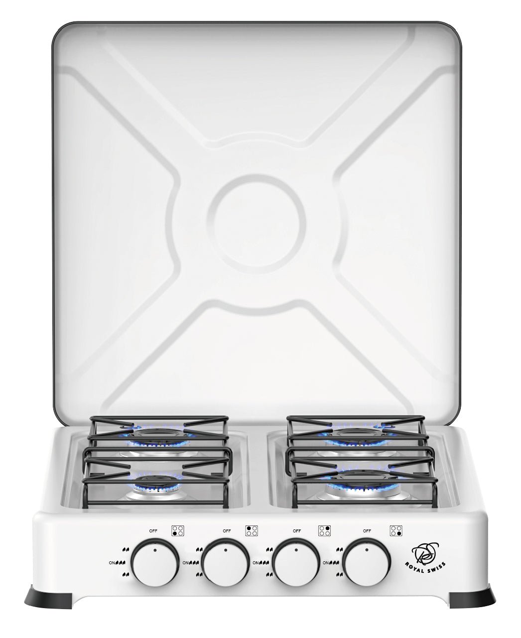 4 degiklių dujinė viryklė su liejinio degikliais ir dangčiu